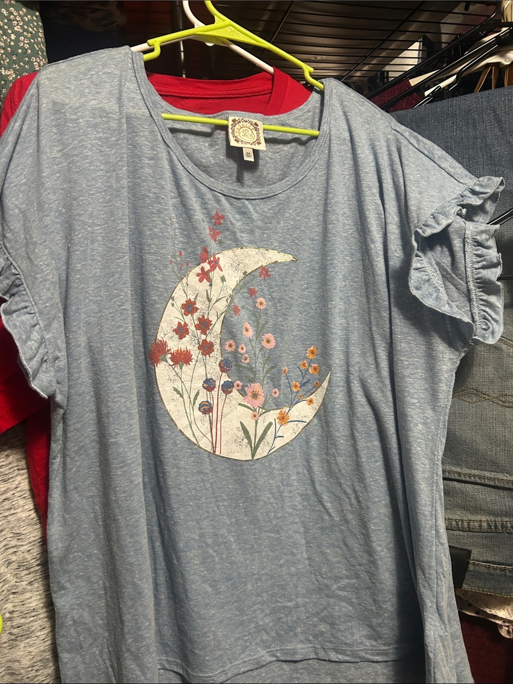 Light Blue Ruffle Sleeve Tee with Floral Crescent Moon